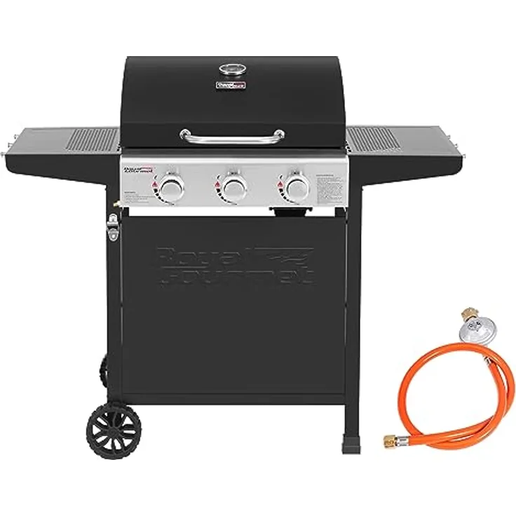 Royal Gourmet Gasgrill Grillwagen 3 Brenner 9 kW Camping Gaskocher mit Kochplatte, Gartengrill mit Flaschenöffner, Druckminderer und Gasschlauch Grillrost ca. 60 x 42 cm, Schwarz