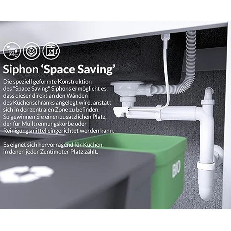 KOLMAN Granitspüle 44x67 cm HUNTER Spülbecken Einzelbecken Schwarz mit Space Saving Siphon, tiefes Becken für große Töpfe und Backbleche – Bild 3