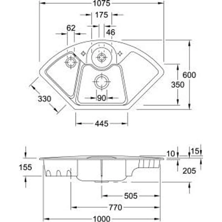 Villeroy & Boch 670800i4 Eckspüle Solo, 1075x600mm, für aufliegenden Einbau, mit 2 verschließbaren Becken