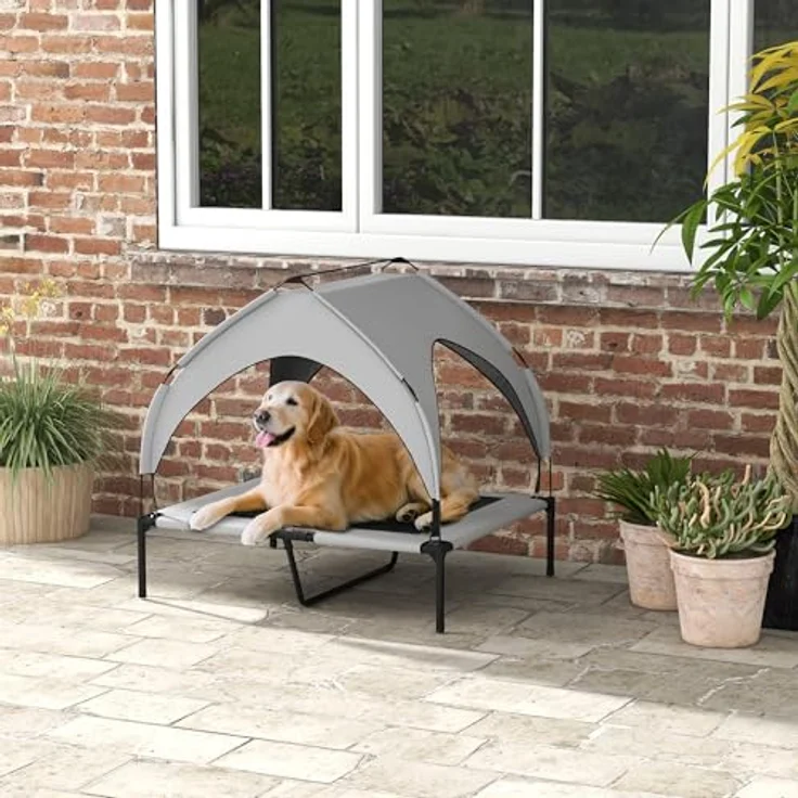 PawHut Erhöhtes Hundebett mit Baldachin, Outdoor Hundeliege, Atmungsaktiv, für große Hunde bis 30 kg, Hellgrau Oxford 91 x 76 x 89 cm – Bild 2