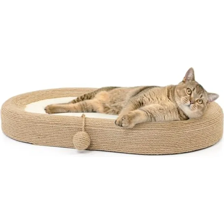 CanadianCat Company Katzen Kratzlounge Sally, ovales Kratzpad & Katzenbett aus strapazierfähigem Sisal, 60 x 40 x 8,5 cm, inkl. Sisalspielball