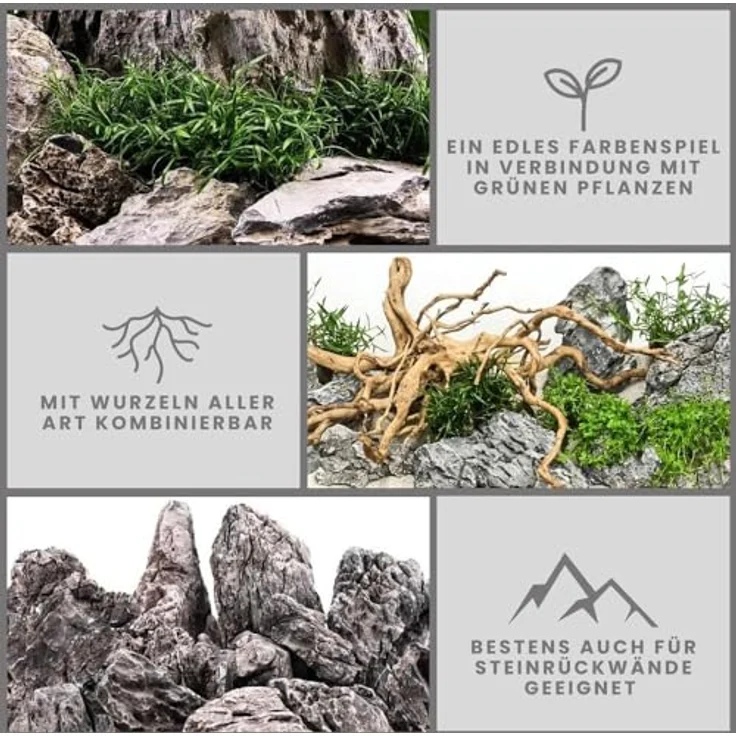 AquaOne Aquarium Steine Mini Landschaft Set I Natursteine Seiryu Mix I Steine Gr.M-XXL I Aquascaping Gestein I Felsen Dekoration I Pagode Rückwand Aquascape Deko grau (25 kg) – Bild 3
