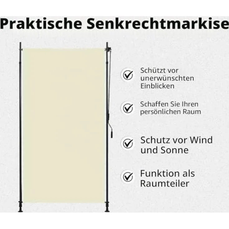 vidaXL Außenrollo 120 x 270 cm Creme, Senkrechtmarkise mit Handkurbel und höhenverstellbaren Pfosten – Bild 9