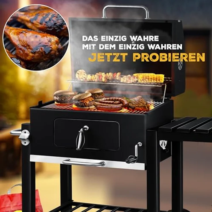 KESSER® Grill Grillwagen XL Holzkohlegrill mit Deckel, Rädern, Edelstahl-Griff, Abdeckhaube und Thermometer in Schwarz, BBQ Barbeque für Camping und Garten – Bild 2