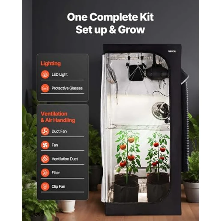VEVOR Growzelt ORGTK8080180, 80x80x180 cm, Indoor-Pflanzenzelt mit 150 W Vollspektrum-LED-Zuchtlicht und Belüftungssystem, 600D hochreflektierendes Mylar, Gewächshaus für Blumen & Gemüse, Schwarz – Bild 2