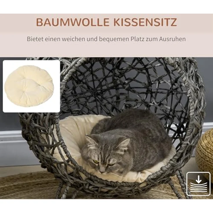 PawHut Katzenhöhle aus PE-Rattan, erhöhte Füße, inkl. Kissen, silbergrau, für Katzen bis 10 kg – Bild 4