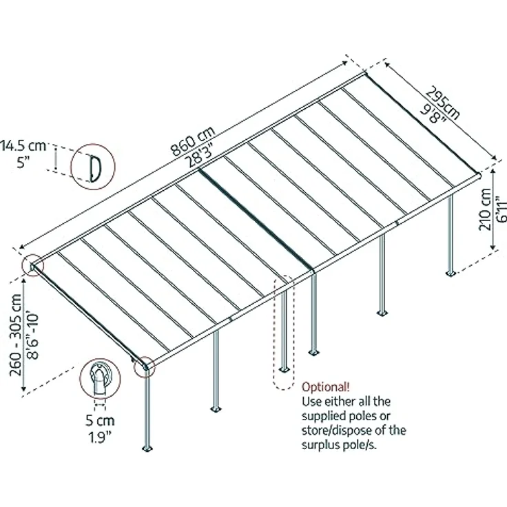CANOPIA Terrassenüberdachung Alu Sierra 3X8.50 Polycarbonat Hohlkammerplatten Pergola 860 x 295 cm Grau, UV-Schutz, schraubenfreies Montagesystem, ganzjähriger Schutz – Bild 2