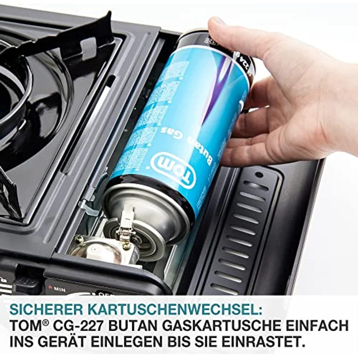 TOM Butangas Kartuschen CG-227, 8 x, 12 x oder 28 x mit MSF-1A Bajonett Ventil, ideal für Campingkocher und Unkrautbrenner – Bild 5