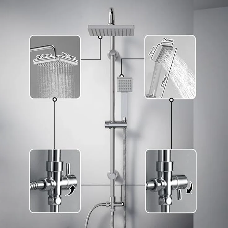 Görbach Regendusche Duschsystem, wassersparende Kopfbrause 20x20 cm, Chrom mit anti-kalk Düsen und Edelstahl-Duschstange – Bild 2