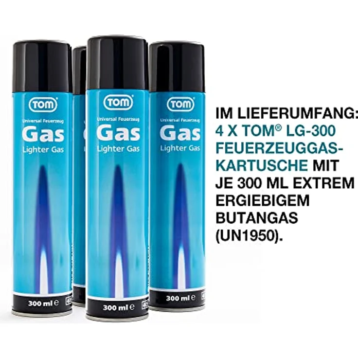TOM LG-300 Feuerzeuggas, 300ml Nachfüllkartusche für universelle Verwendung mit 5 Adaptern – Bild 2