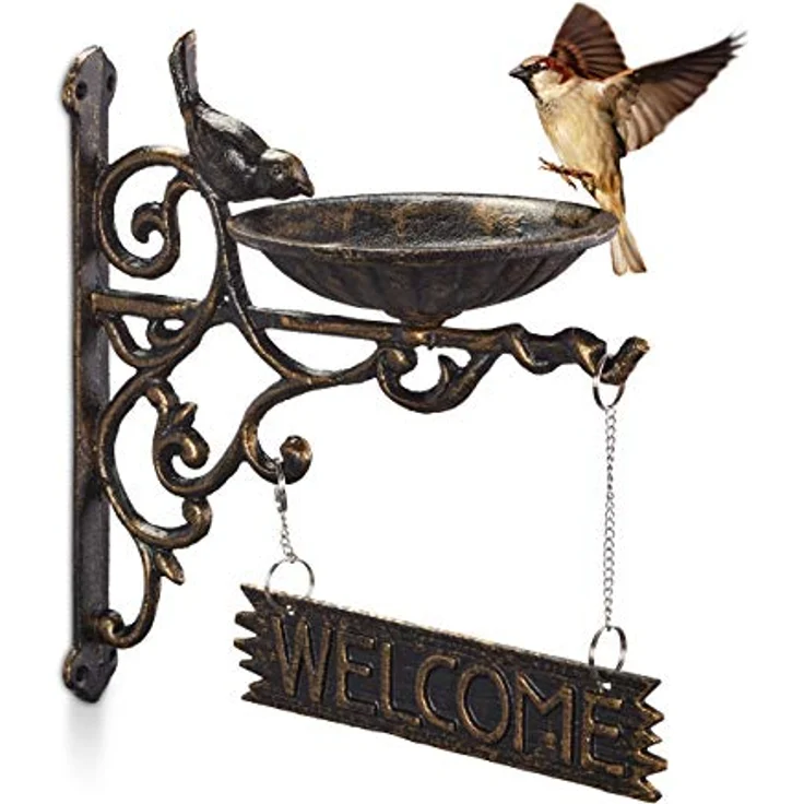 Relaxdays Vogeltränke Gusseisen, WELCOME Schild, Gartendeko, Wandmontage, Futterstelle, Wasserschale f. Wildvögel, bronze - Preisvergleich – Bild 1