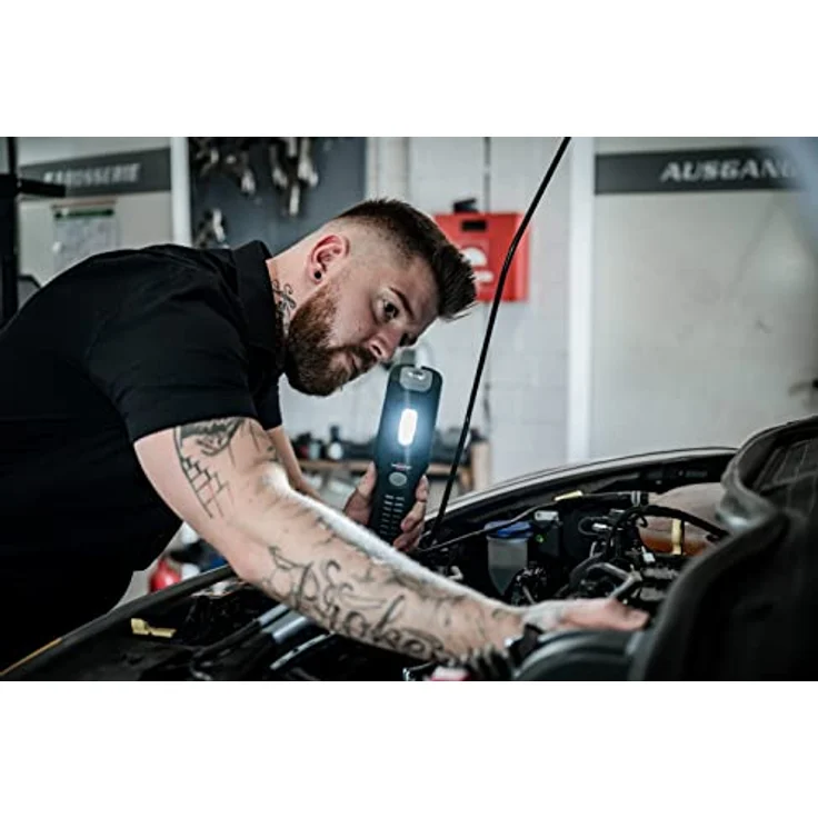 Brennenstuhl Akku Handleuchte HL 500 A/Arbeitsleuchte LED Akku mit Magnet und 6 SMD-LED´s (Inspektionsleuchte mit max. 10h Leuchtdauer, 500+120lm, 360° drehbarer Haken, knickbarer Haltefuß) – Bild 4