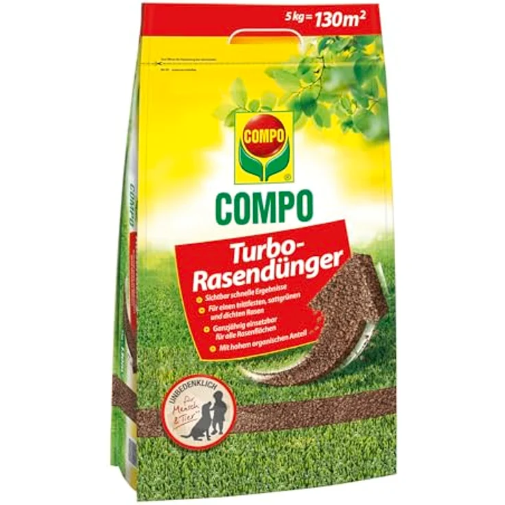 Compo Turbo-Rasendünger, leistungsstarker Rasendünger für alle Rasenflächen, 5 kg für 130 m², mit Mykorrhiza für schnelle Ergebnisse – Bild 1