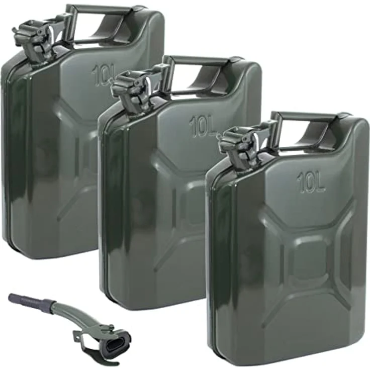 Holmwerk 3x Kraftstoffkanister Metall, UN-Zulassung RAL6003, auslaufsicherer Jerrycan-Verschluss, 10 Liter, olivgrün – Bild 1