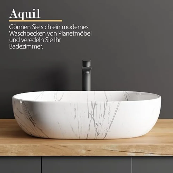 Planetmöbel Aufsatzwaschbecken Aquil Deluxe, 60 cm oval, marmor weiß, hochglänzend für Waschtisch – Bild 4