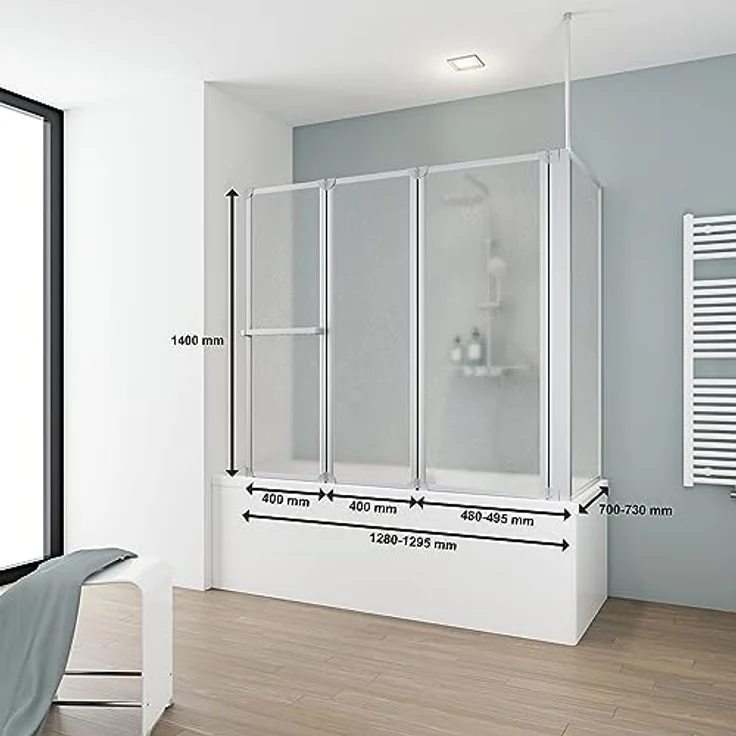 Schulte Duschwand für Badewanne 127 x 140 x 75 cm, Kunstglas mit Softline-Dekor, Aluminium natur, Wandanschluss schwenkbar – Bild 2