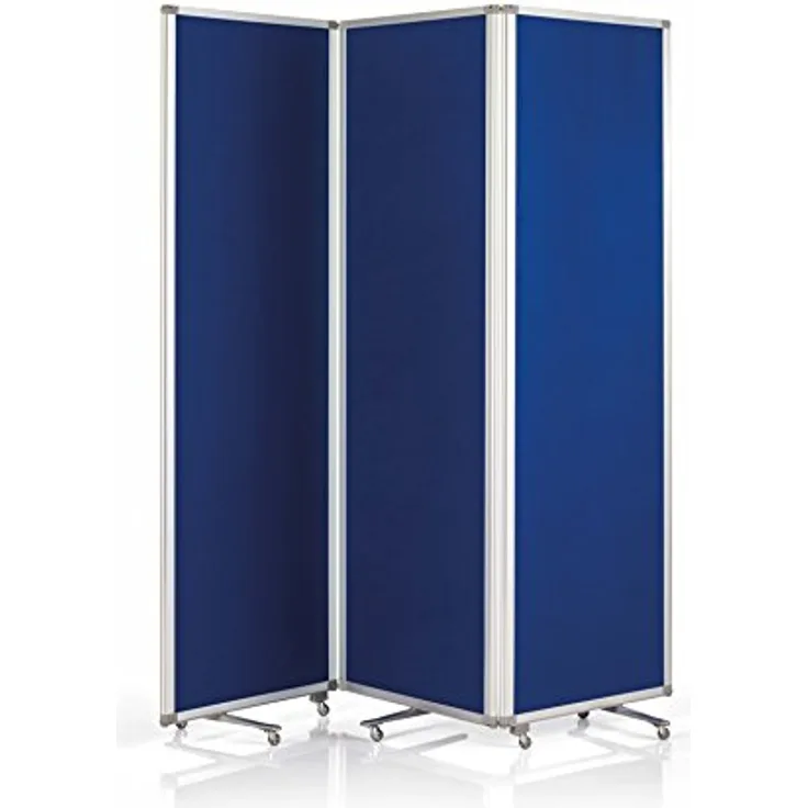 magnetoplan | 3-Paneel Raumteiler Faltwand mit Rollen 1800 x 1810 x 370 mm | Mobile Trennwand | Ausstellungs-Sichtschutz | Büro-Raumteiler, 1105303, Rahmenfarbe: altweiß| Wandfarbe: royalblau
