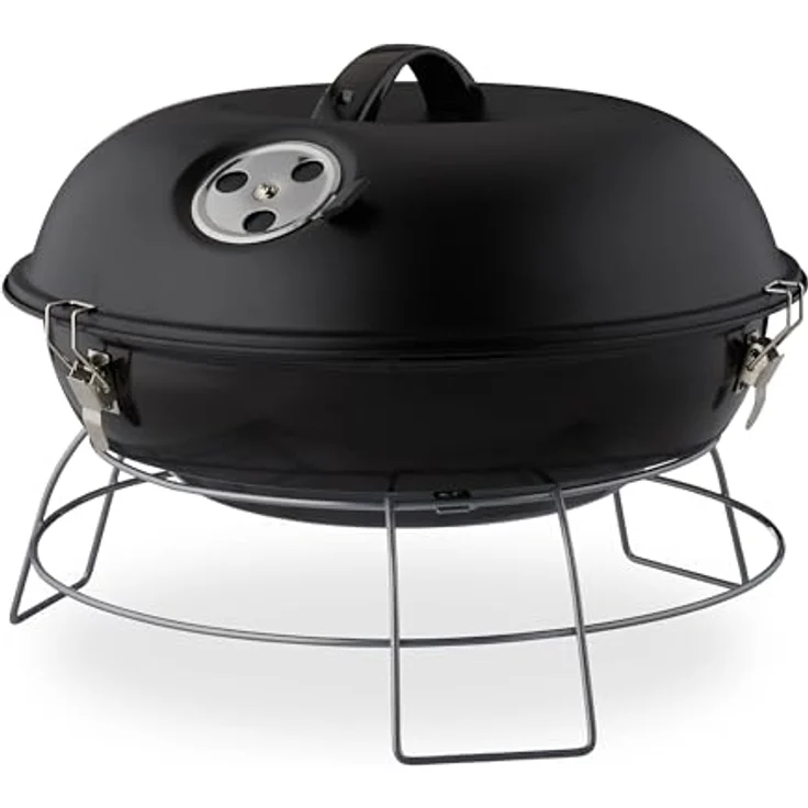 Relaxdays Kugelgrill, tragbar, mit Deckel, leckeres BBQ, Picknickgrill mit großer Holzkohlegrillfläche, Holzkohle, Ø36cm, schwarz – Bild 2