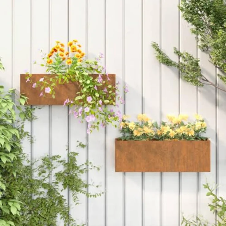 vidaXL Wand Pflanzkübel 2 STK, Pflanzkübel Hängend, Pflanzkasten Stahlrahmen, Blumenkasten für Garten Balkon Terrasse, Wandgefäß, Grau Cortenstahl – Bild 2