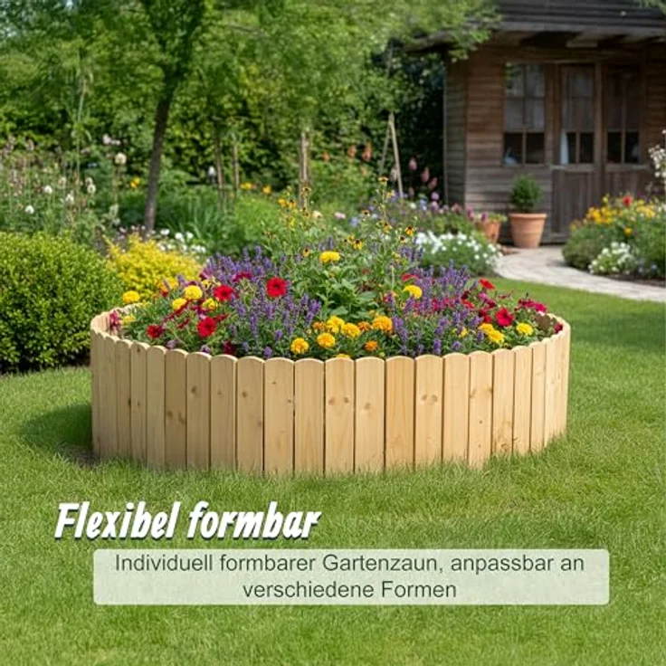 Relaxdays Beeteinfassung, flexibler Steckzaun aus Tannenholz, 200 cm lang, Sichthöhe 30 cm, hellbraun – Bild 1