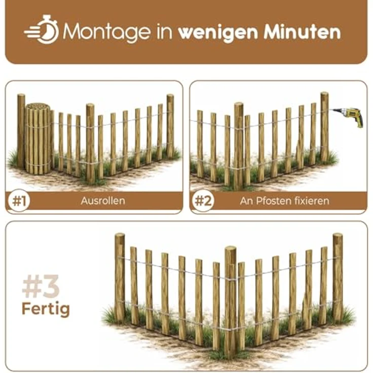 BooGardi Staketenzaun Holz, 50cm hoch aus Haselnuss, 50cm x 5m, Lattenabstand 7-9cm, imprägnierter Holzzaun für Garten und Teich – Bild 6
