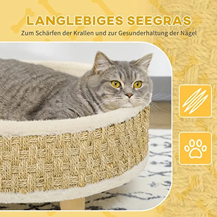 PawHut Erhöhtes Haustiersofa, Luxus katzensofa mit waschbarem Kissen, Haustierbett Hundeliege mit Seegrasseil und Holzbeine, Hundecouch, Rund, Indoor, Beige+Khaki, 48 x 48 x 24,5 cm – Bild 5