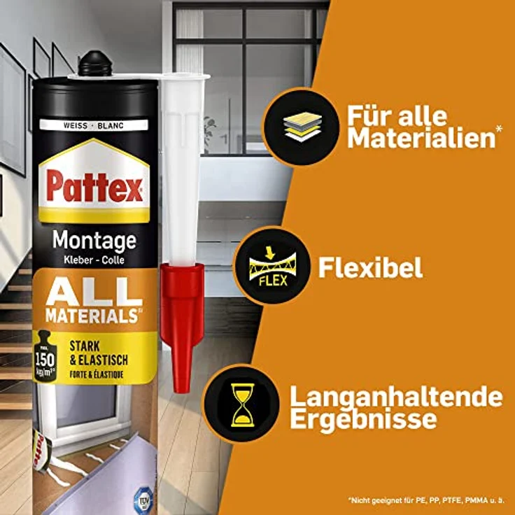 Pattex Montagekleber All Materials, stark haftender Alleskleber, Kraftkleber für innen & außen, Kleber für saugende und nichtsaugende Materialien, 1 x 450g – Bild 3