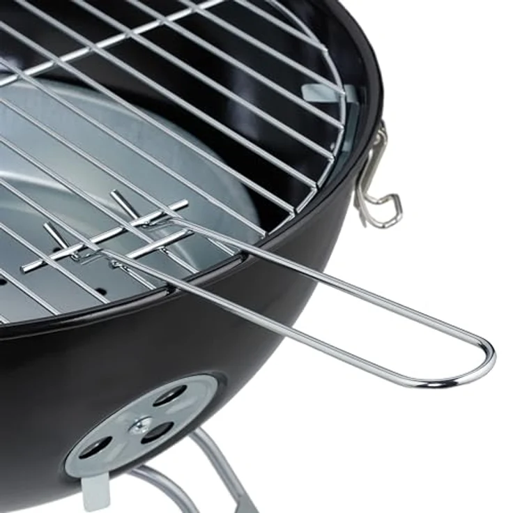 Relaxdays Kugelgrill tragbar Ø 37cm mit Grillzange, kompakte Größe, fixierbarer Deckel, Schwarz/Silber – Bild 5