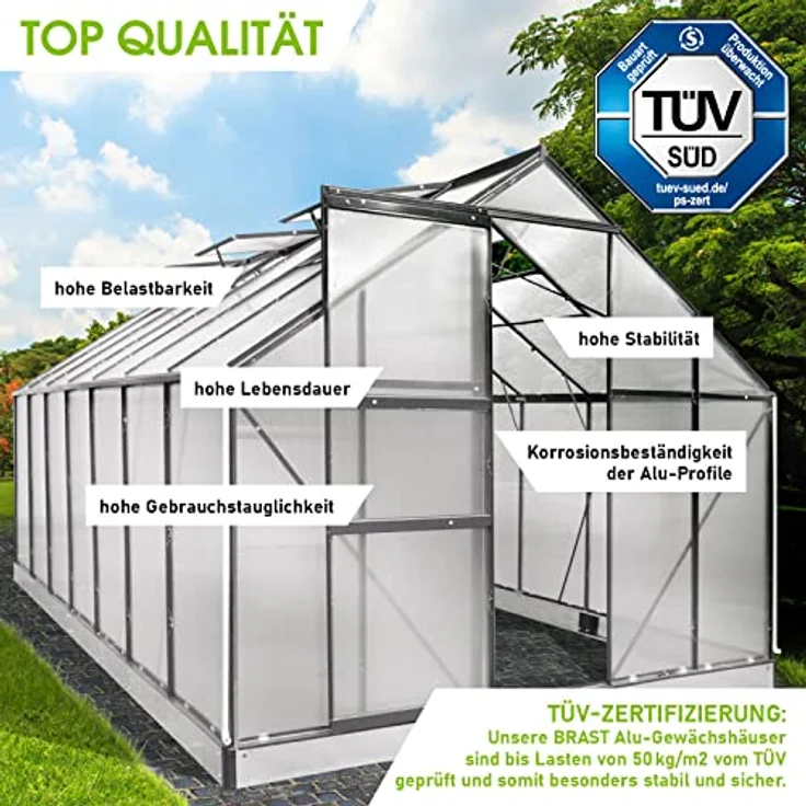 BRAST Gewächshaus Aluminium mit Fundament, TÜV geprüft, 6mm Hohlkammerplatten, wetterfest, grau, 430x250x205cm – Bild 3
