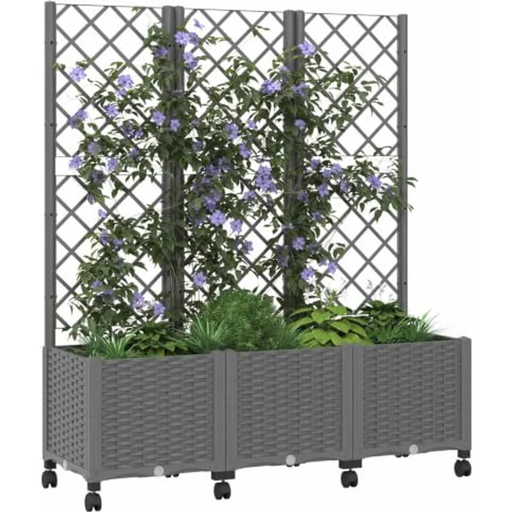 vidaXL Pflanzkübel mit Spalier und Rädern, hellgrau, wetterfestes Polypropylen, 120 x 40 x 146 cm – Bild 1