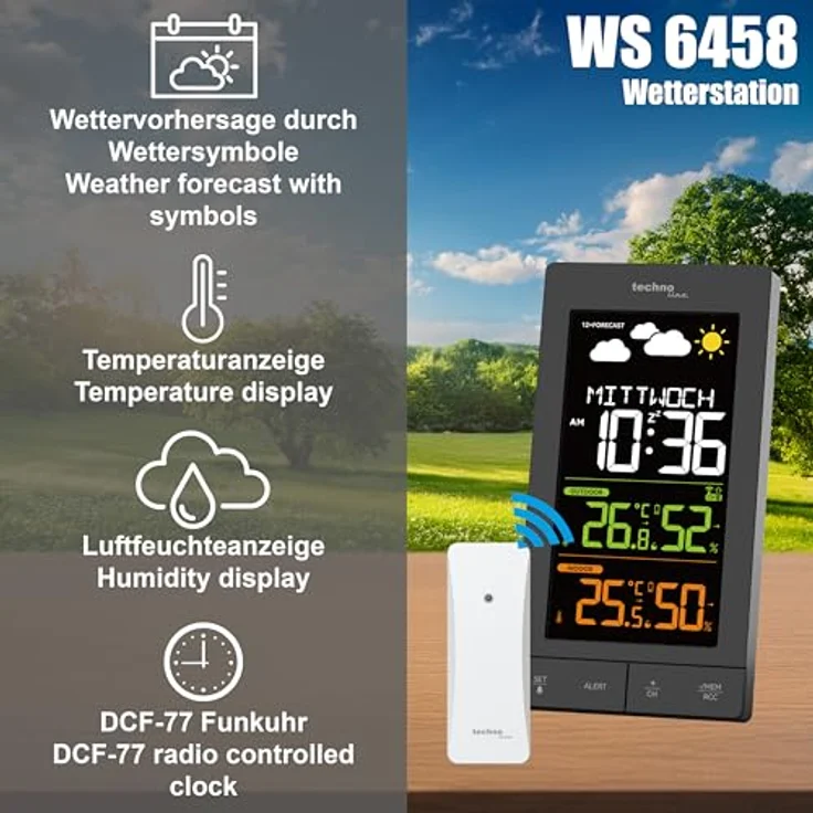 TECHNOLINE WS 6458 Wetterstation, Funkwetterstation mit farbigem LED-Display, Innen- und Außentemperatur, Luftfeuchtigkeit, Wettervorhersage und DCF-77 Funkuhr – Bild 2