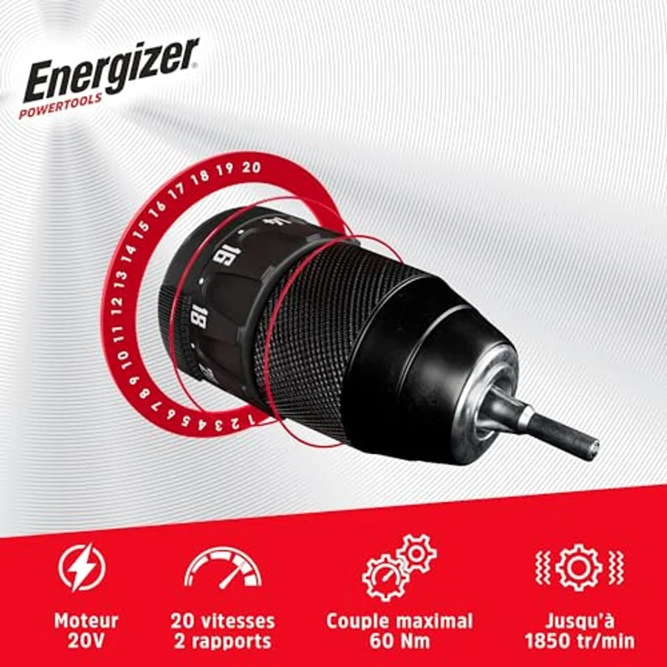 Energizer 20 V Akku-Bohrhammer, 60 Nm, 0–1850 U/min, 13 mm Bohrfutter, Drehmomenteinstellungen, Softgrip-Griff, Gürtelclip, ohne Batterie – Bild 4