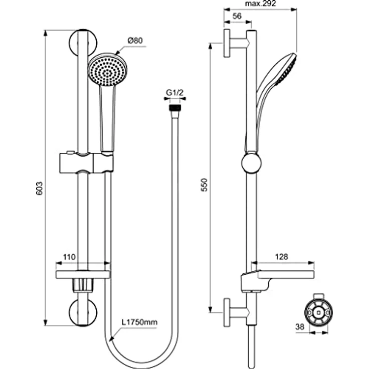 Ideal Standard Idealrain 600mm, Brausekombination mit 1-Funktionshandbrause, Durchmesser 80mm, Chrom, B9501AA – Bild 3