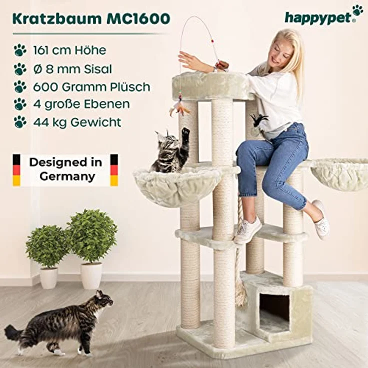 HAPPYPET Kratzbaum für große Katzen 'Oscar' - Premium Katzenbaum stabil 44 kg, 12 cm Dicke Stämme für schwere Katzen Maine Coon, 600g Plüsch, 2 Liegemulden und Höhle, geprüftes Holz, Creme – Bild 2