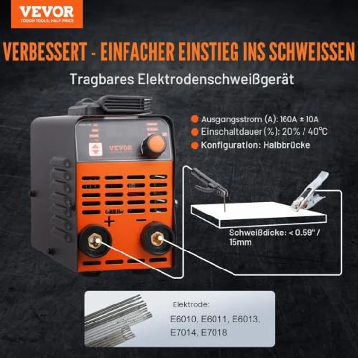 VEVOR 220 V Stabschweißgerät 160 A ARC/Lift WIG mit LED-Display, 2-in-1 tragbares MMA ARC-Schweißgerät mit Hot Start, Arc Force, Anti-Stick und VRD – Bild 2
