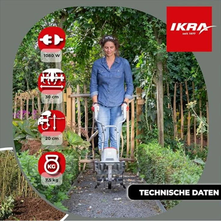 ikra GmbH Elektromotorhacke IET 1030, 30 cm Arbeitsbreite, 1.080-Watt-Motor, höhenverstellbarer Hacksporn, Sicherheitsschalter, Transportrad – Bild 5