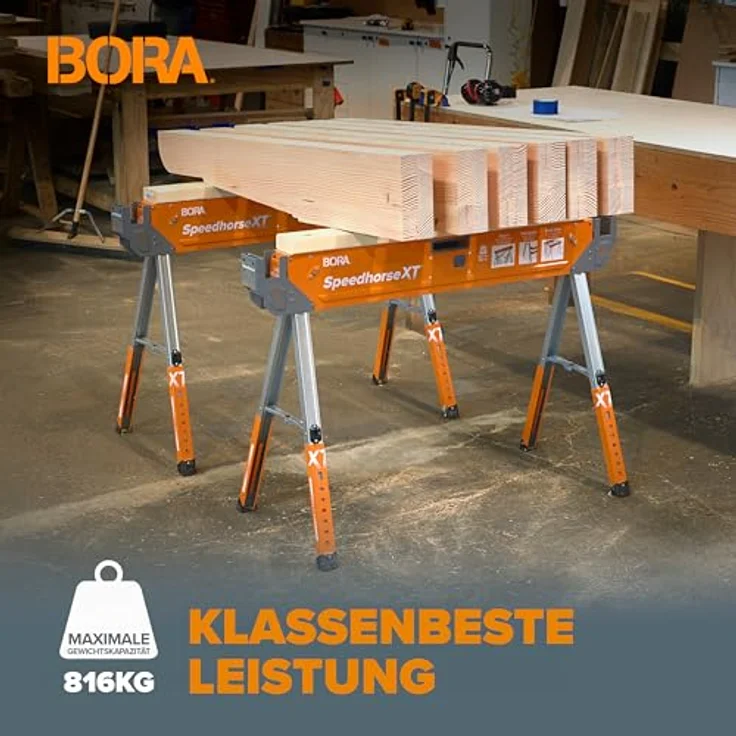 Bora Portamate Speedhorse XT, Höhenverstellbare Sägeböcke 76,2–91,4 cm, 2er Set, Orange/Abendrot im Zickzackmuster (Sunset Chevron), Tragkraft bis 816,5 kg, schneller Aufbau in 1,6 Sekunden – Bild 4