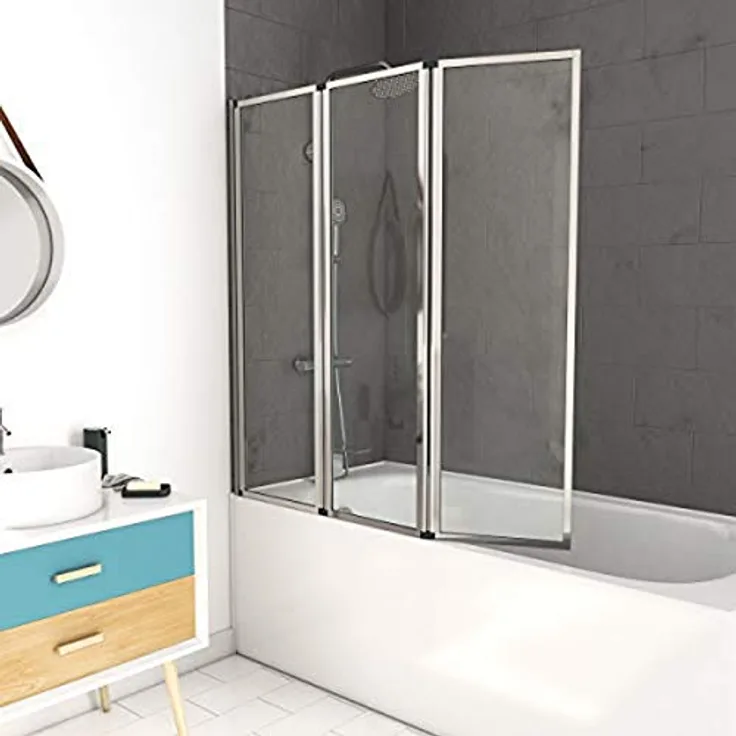 AURLANE Zaggy Badewannenabtrennung, drehbar, 3 Klappen, Chrom, 125 x 143 cm, Hartglas 4 mm