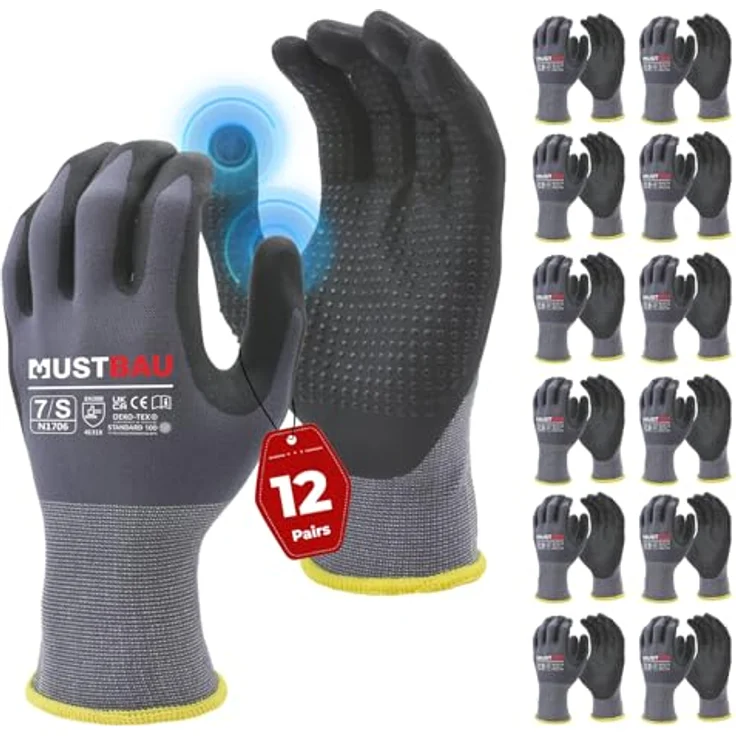Mustbau Arbeitshandschuhe Schwarz, Nitril Beschichtung, Touchscreen-fähig, Größe S, 12 Paare für Montage, Mechanik, Gartenarbeit und Bauarbeiten – Bild 1