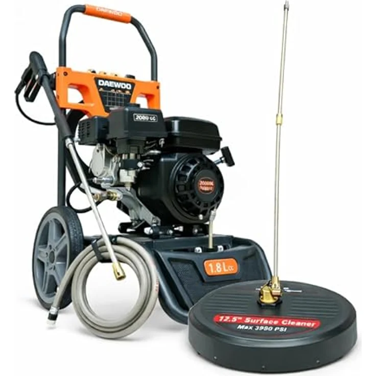 DeTec DAEWOO Hochdruckreiniger 7PS Benzin, 207 bar Druck, 600 l/h Fördermenge, Flächenreiniger Kombiset, Messing Pumpenkopf – Bild 2