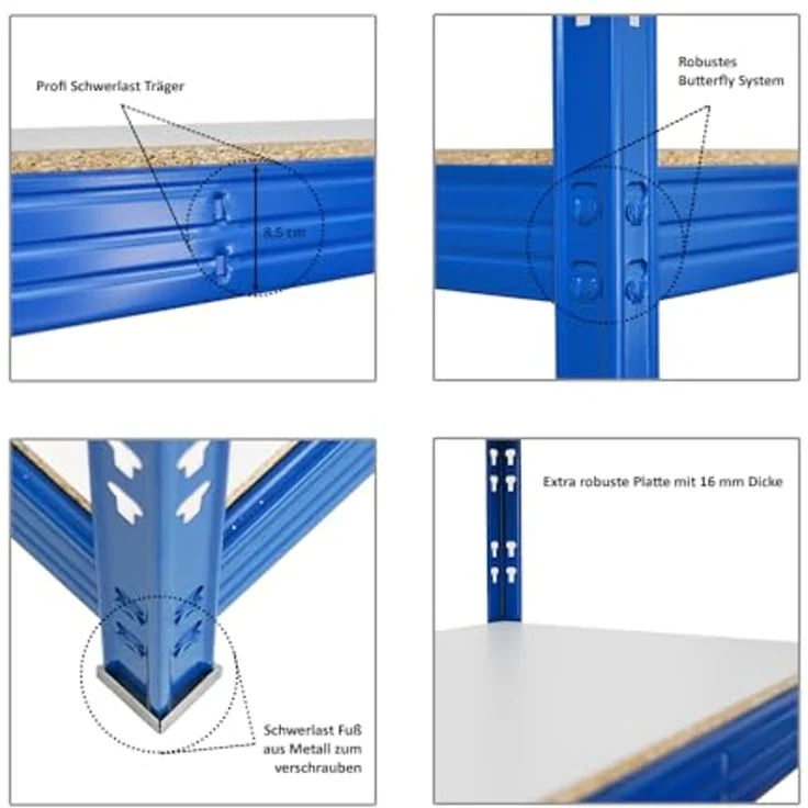 Proregal Schwerlastregal Mega Deal Profi RHINO, 180 x 200 x 60 cm, 4 verstellbare Böden, Traglast pro Boden 500 kg, Blau – Bild 4