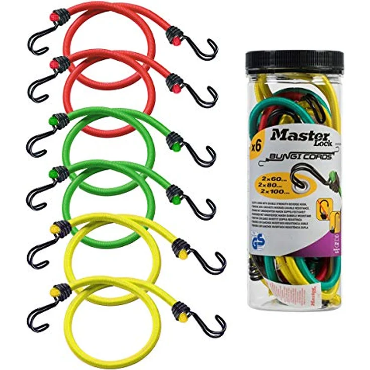 Master Lock 3040EURDAT Gummi-Spannseile mit Haken [Set mit 6 Spannseilen] [2 x 60 cm + 2 x 80 cm + 2 x 100 cm] [Doppelter Invershaken] - Ideal zum Transportieren, Verpacken und Sichern von Lasten – Bild 1