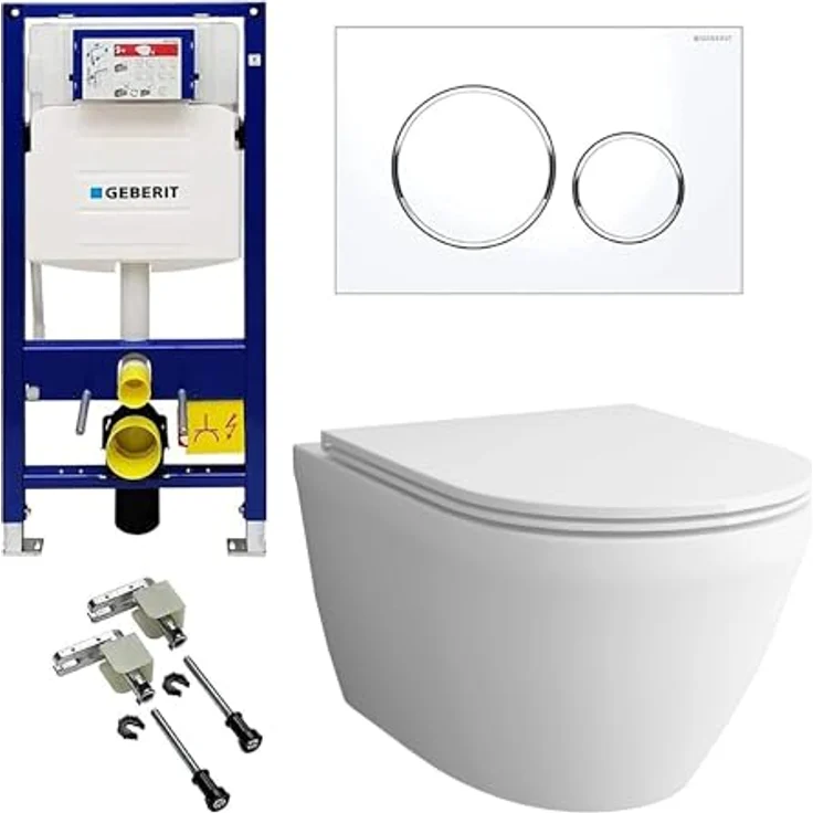 Alpenberger Hänge WC Komplettset | Wand WC Spülrandlos | Toilettendeckel mit Absenkautomatik | Spülkasten Bausatz Betätigungsplatte | Vorwandelement WC Set Komplett | Passend Geberit (8200 CS) – Bild 1
