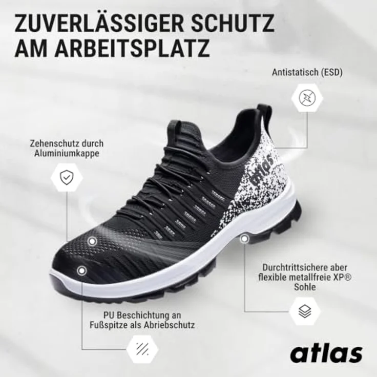 Atlas Sicherheitsschuhe 28200 FAST 12, ultraleichte Arbeitsschuhe mit durchtrittsicherer Sohle, schwarz/weiß – Bild 3