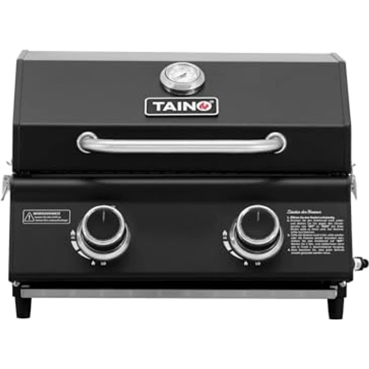 TAINO PLATINUM COMPACT DARK Tischgrill 2 Brenner Gasgrill Kompakt Camping Mini Grill Tragbar BBQ, 2 Hauptbrenner aus Edelstahl, Temperaturanzeige, Edelstahl Grillrost – Bild 4