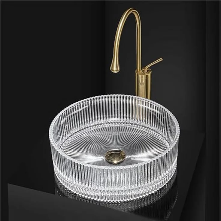 wohnwerk.idee Aufsatzwaschbecken Glaswaschbecken Ingrid Ø39,5 Schwarz Grau Weiß rund, modernes Design mit gerippter Oberfläche und luxuriösem goldfarbenen Wasserhahn – Bild 3