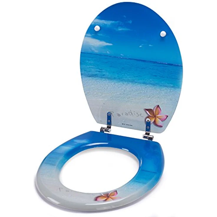 MSV WC-Sitz Paradise, MDF, 42,5 cm x 36,5 cm x 5 cm, mit Edelstahl-Scharnieren, blau, hygienische Oberfläche, feuchtigkeitsbeständig – Bild 6