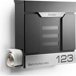 NewHabitat Moderner Briefkasten Personalisierbar Mailand Anthrazit RAL7016 mit Zeitungsfach und Edelstahl Namensschild - Zeitungsbox & Sichtfenster - Wandmontage, rostresistent & wetterfest