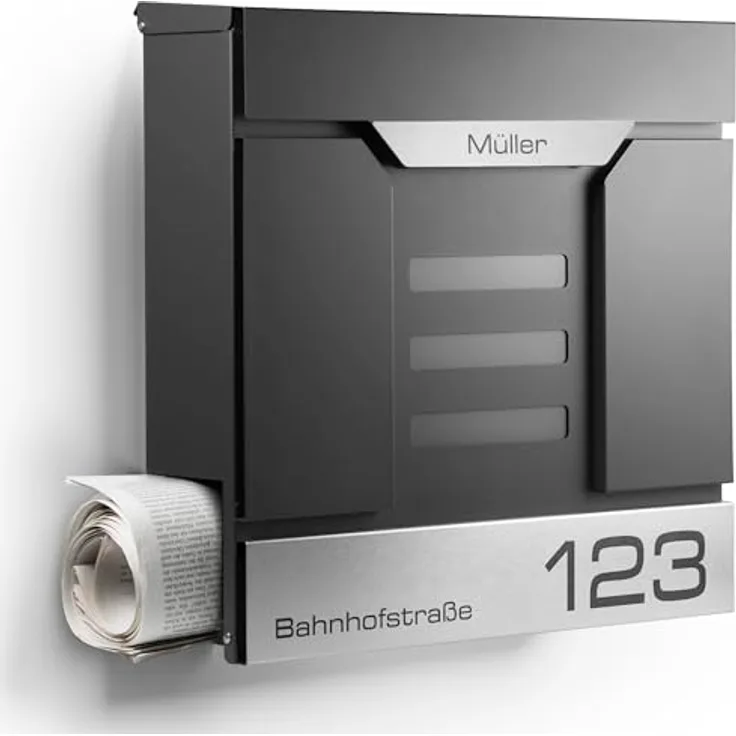 NewHabitat Moderner Briefkasten Personalisierbar Mailand Anthrazit RAL7016 mit Zeitungsfach und Edelstahl Namensschild - Zeitungsbox & Sichtfenster - Wandmontage, rostresistent & wetterfest