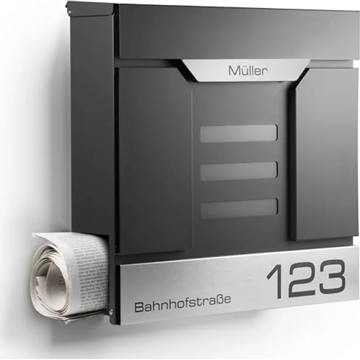 NewHabitat Moderner Briefkasten Personalisierbar Mailand Anthrazit RAL7016 mit Zeitungsfach und Edelstahl Namensschild - Zeitungsbox & Sichtfenster - Wandmontage, rostresistent & wetterfest – Bild 1